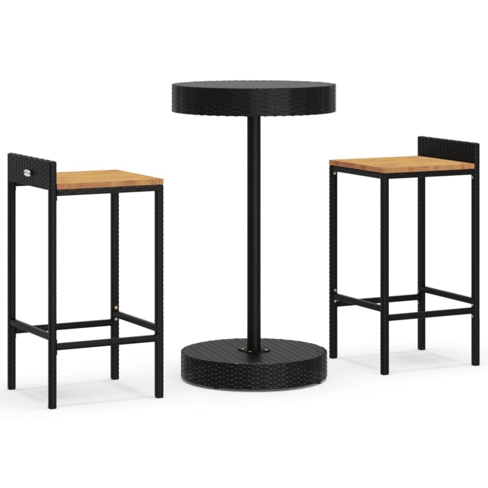 vidaXL Set bar pentru grădină, 3 piese, negru, poliratan/lemn acacia