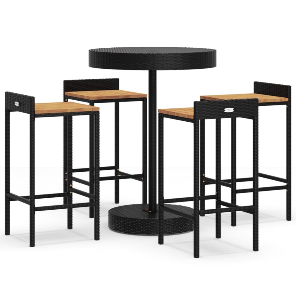 vidaXL Set bar pentru grădină, 5 piese, negru, poliratan/lemn acacia
