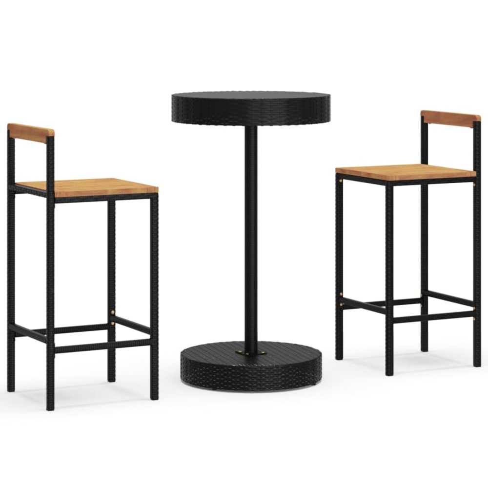 vidaXL Set bar pentru grădină, 3 piese, negru, poliratan/lemn acacia