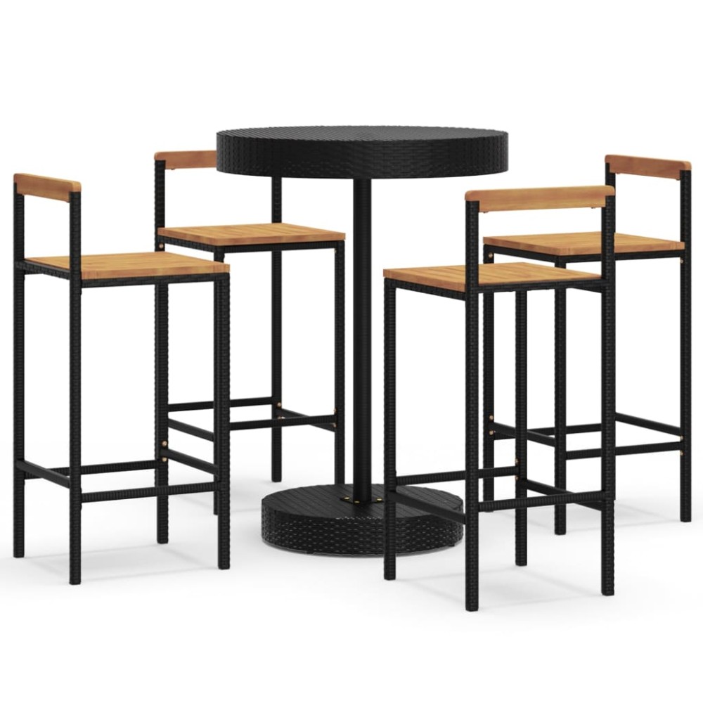 vidaXL Set bar pentru grădină, 5 piese, negru, poliratan/lemn acacia