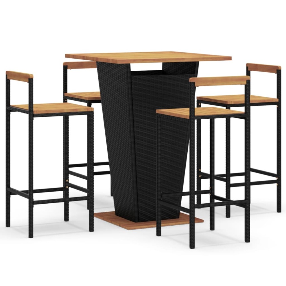 vidaXL Set bar pentru grădină, 5 piese, negru, poliratan/lemn acacia
