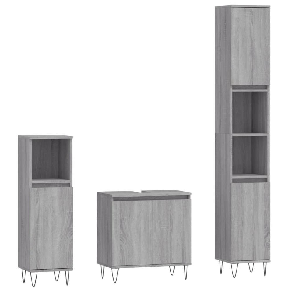 vidaXL Set dulapuri de baie, 3 piese, gri sonoma, lemn prelucrat