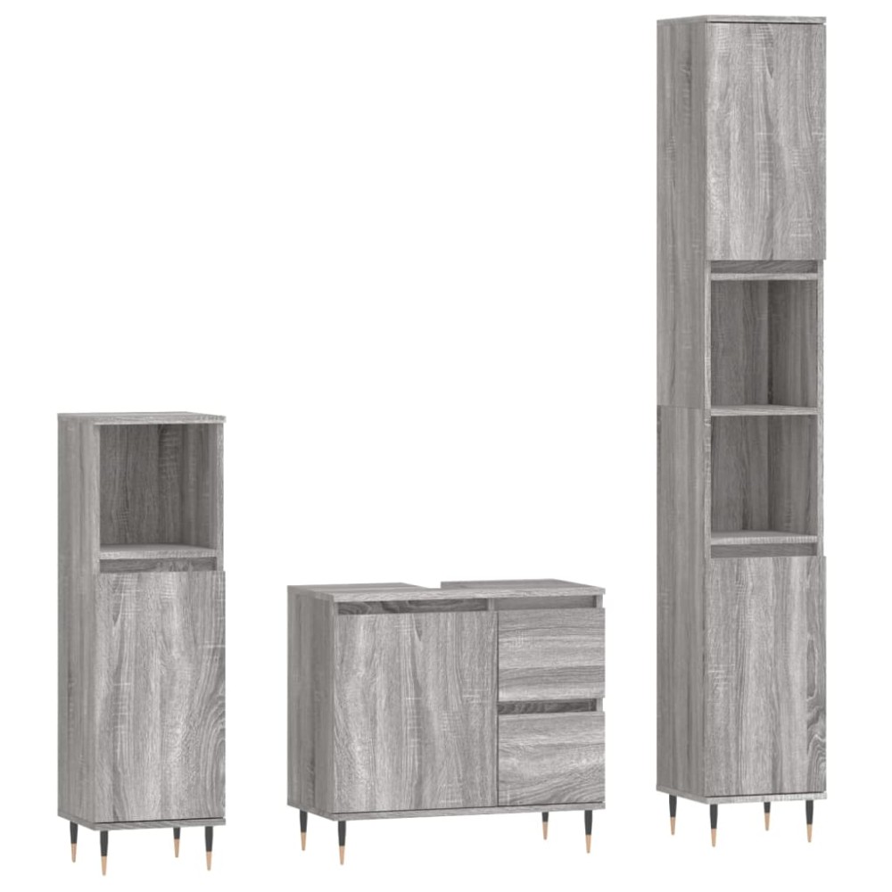 vidaXL Set mobilier de baie, 3 piese, gri sonoma, lemn prelucrat