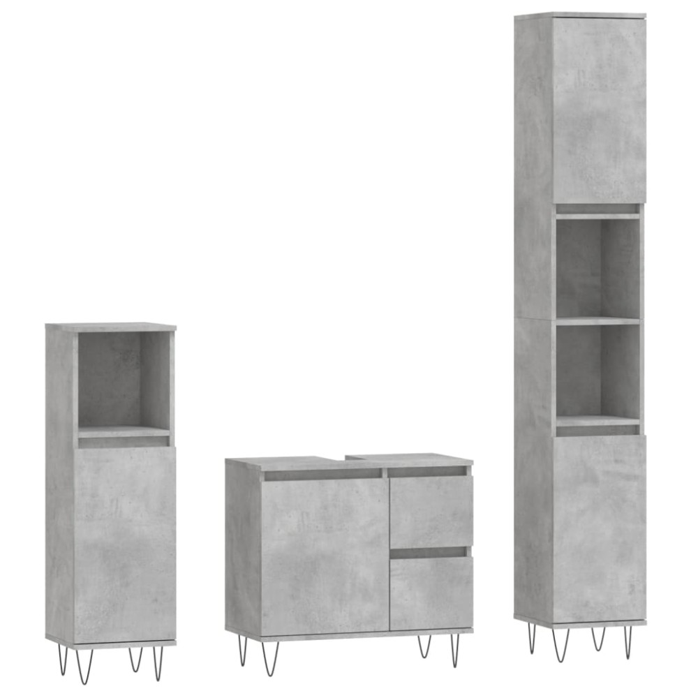 vidaXL Set mobilier de baie, 3 piese, gri beton, lemn compozit