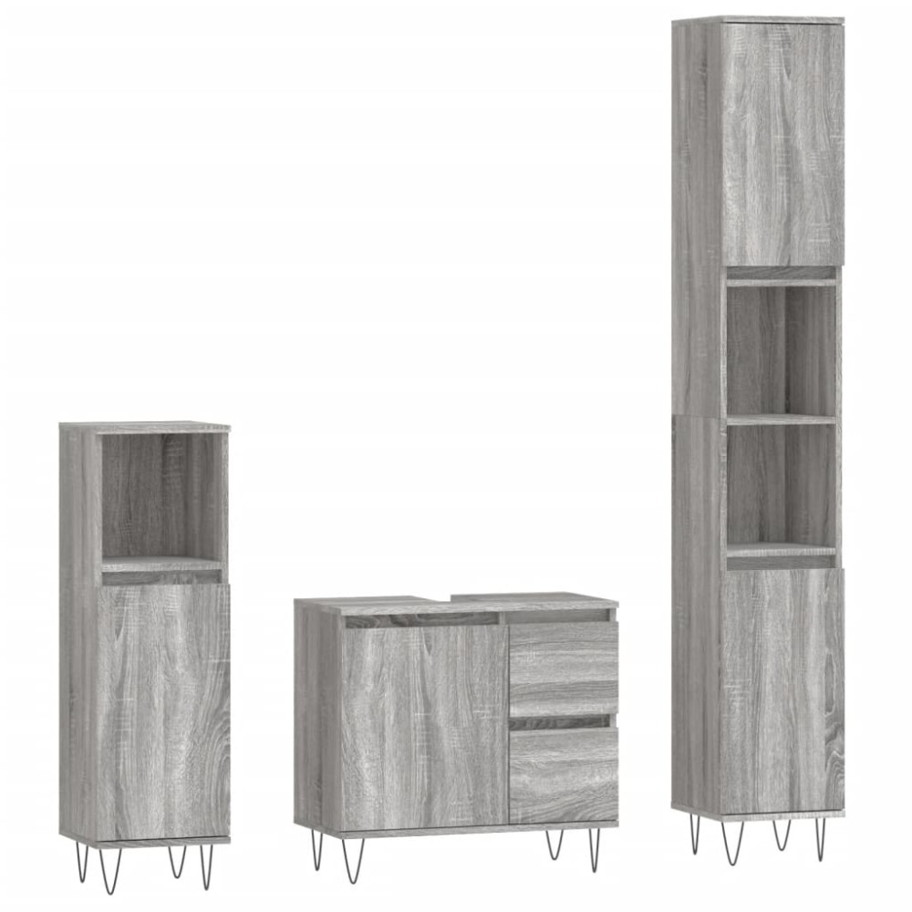 vidaXL Set mobilier de baie, 3 piese, gri sonoma, lemn prelucrat
