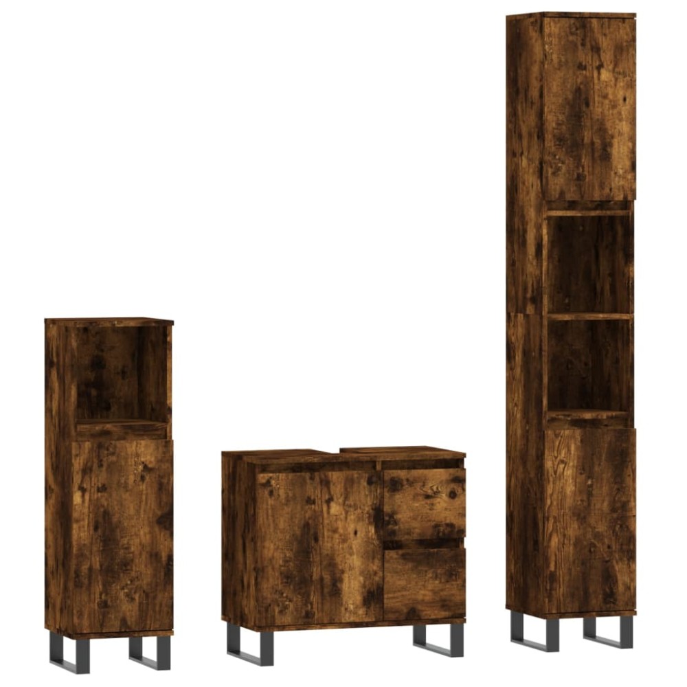 vidaXL Set mobilier de baie, 3 piese, stejar fumuriu, lemn prelucrat