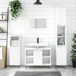 vidaXL Set mobilier de baie, 3 piese, alb, lemn compozit vidaXL Set mobilier de baie, 3 piese, alb, lemn compozit