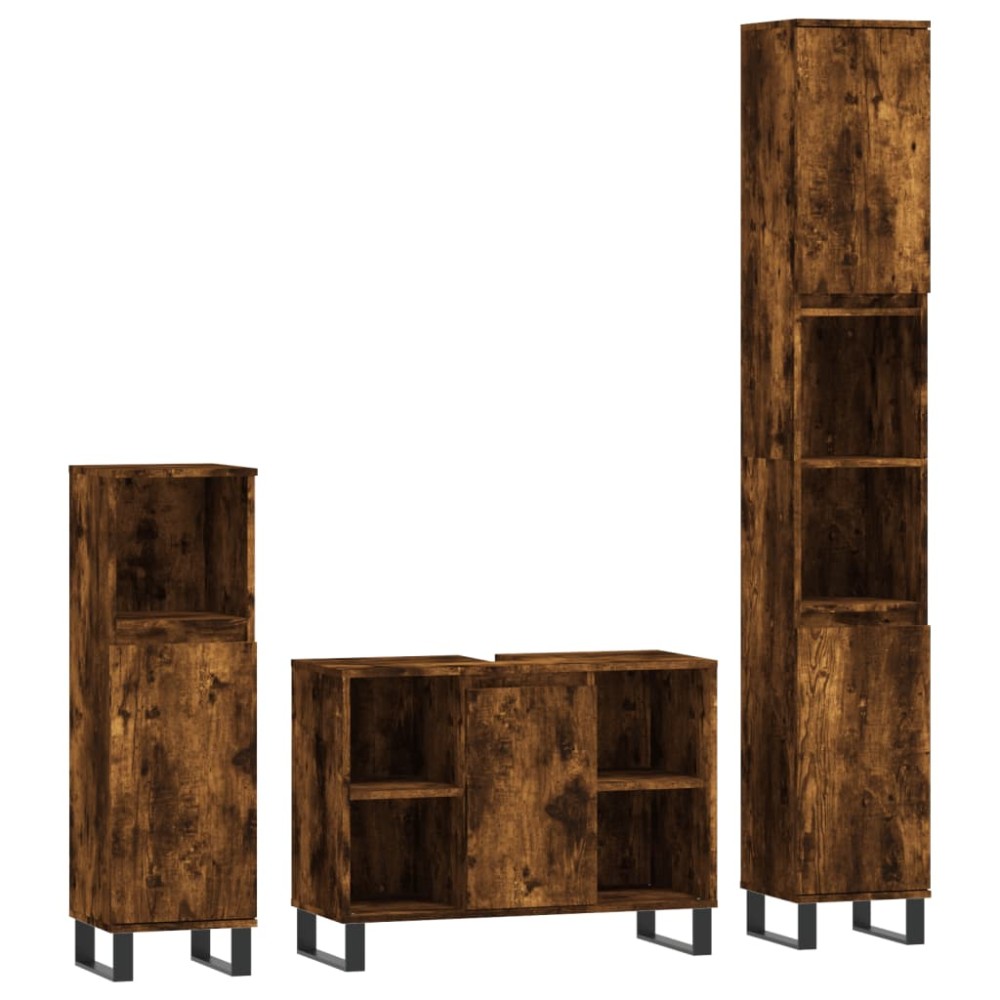vidaXL Set mobilier de baie, 3 piese, stejar fumuriu, lemn prelucrat