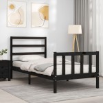 vidaXL Cadru de pat cu tăblie Small Single, negru, lemn masiv vidaXL Cadru de pat cu tăblie Small Single, negru, lemn masiv