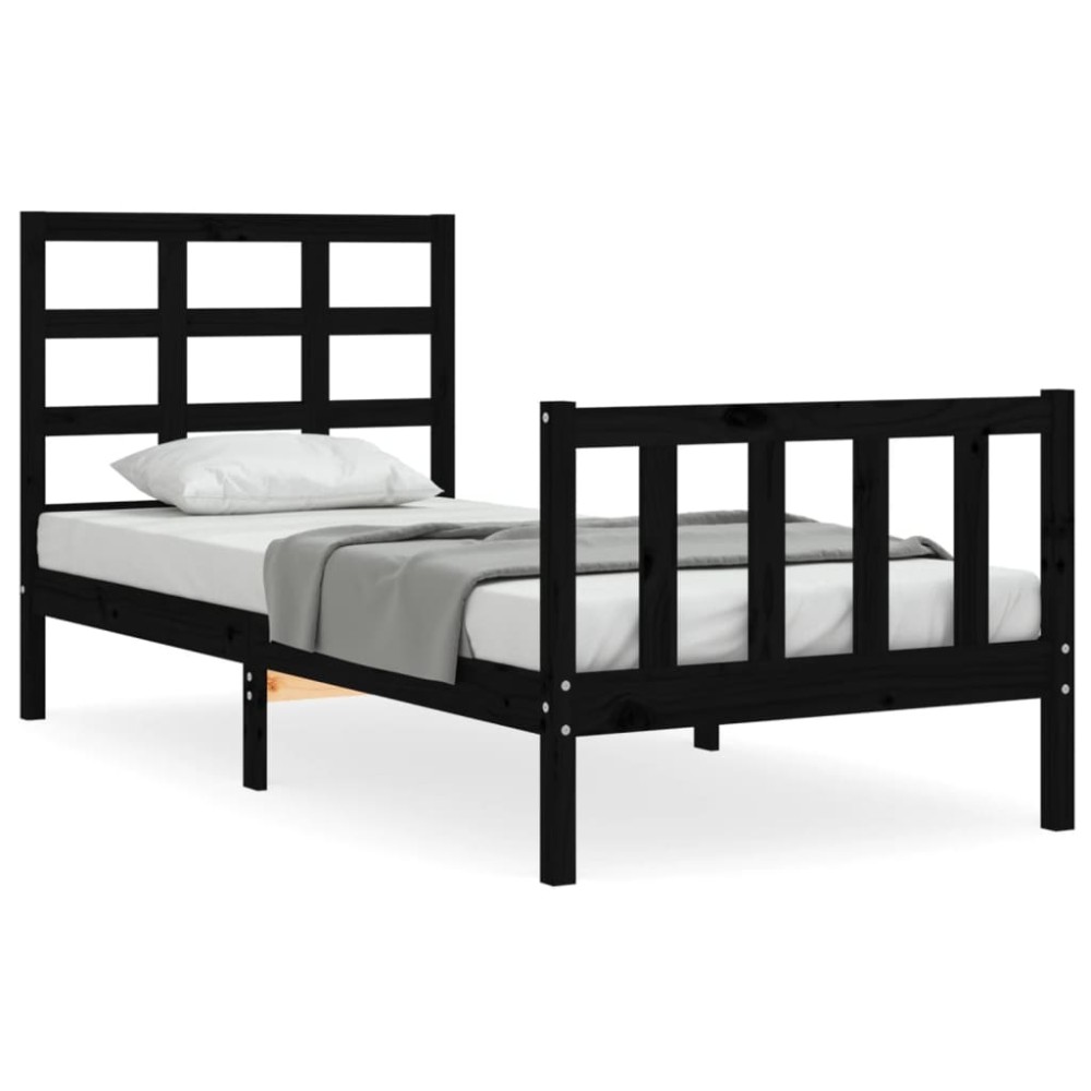 vidaXL Cadru de pat cu tăblie Small Single, negru, lemn masiv