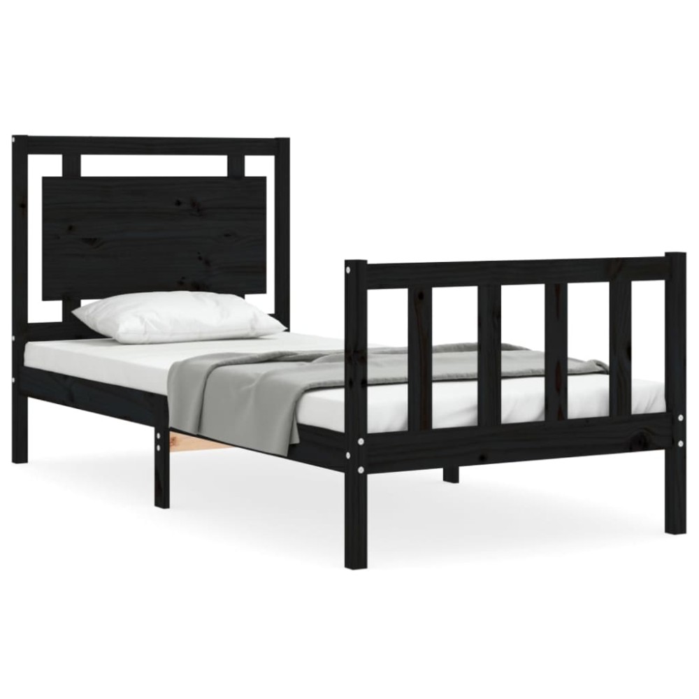 vidaXL Cadru de pat cu tăblie Small Single, negru, lemn masiv