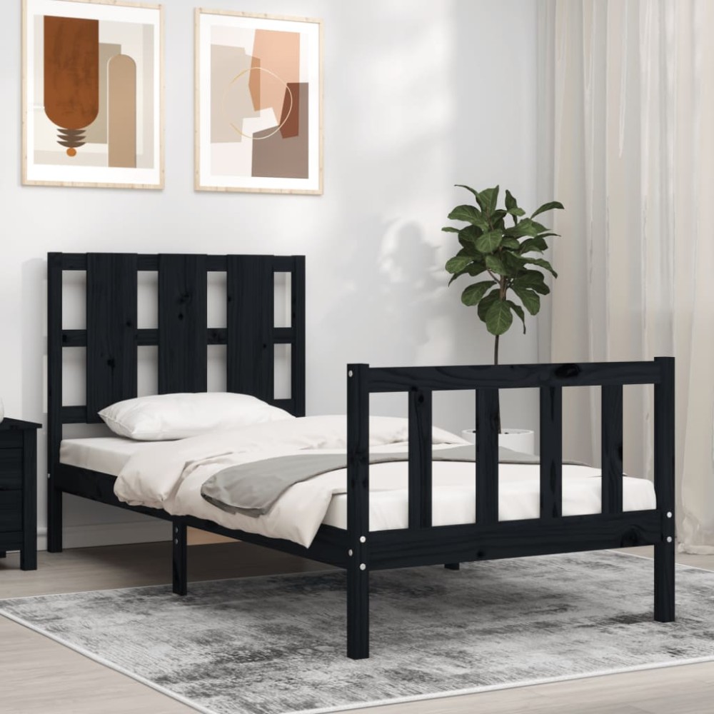 vidaXL Cadru de pat cu tăblie Small Single, negru, lemn masiv