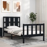 vidaXL Cadru de pat cu tăblie Small Single, negru, lemn masiv vidaXL Cadru de pat cu tăblie Small Single, negru, lemn masiv