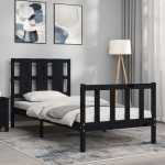 vidaXL Cadru de pat cu tăblie Small Single, negru, lemn masiv vidaXL Cadru de pat cu tăblie Small Single, negru, lemn masiv