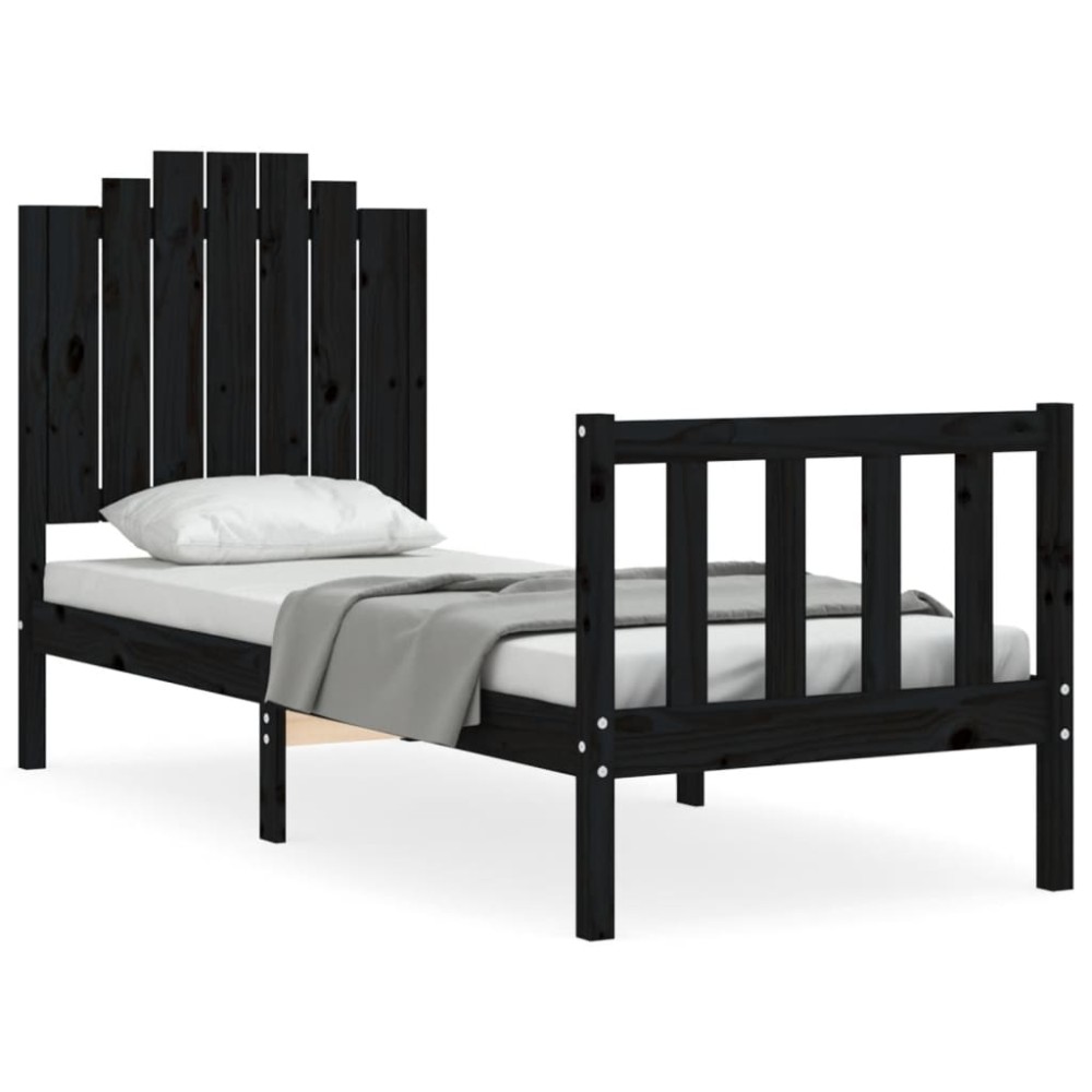 vidaXL Cadru de pat cu tăblie Small Single, negru, lemn masiv