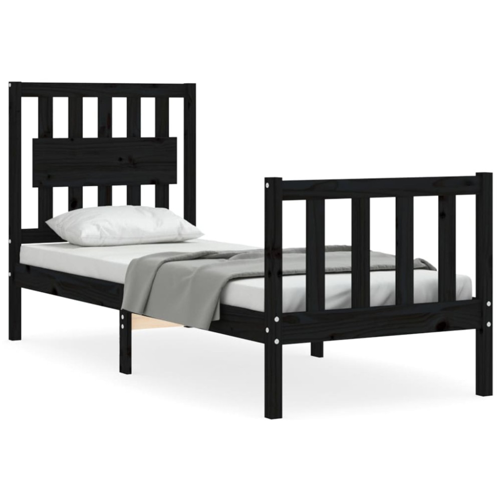 vidaXL Cadru de pat cu tăblie Small Single, negru, lemn masiv