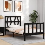 vidaXL Cadru de pat cu tăblie Small Single, negru, lemn masiv vidaXL Cadru de pat cu tăblie Small Single, negru, lemn masiv
