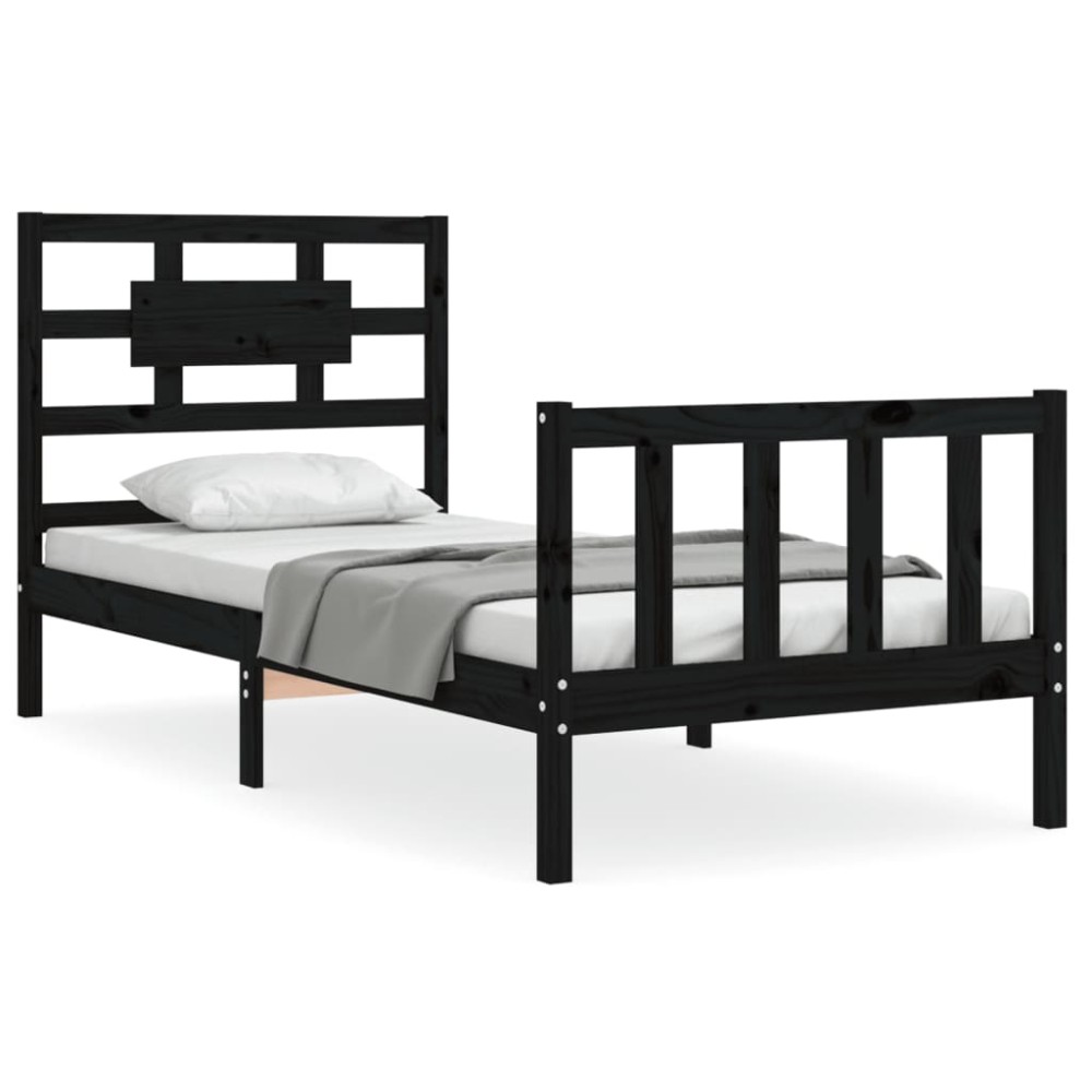 vidaXL Cadru de pat cu tăblie Small Single, negru, lemn masiv