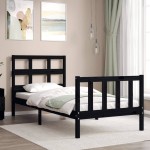vidaXL Cadru de pat cu tăblie Small Single, negru, lemn masiv vidaXL Cadru de pat cu tăblie Small Single, negru, lemn masiv