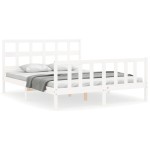 vidaXL Cadru de pat cu tăblie, alb, king size, lemn masiv vidaXL Cadru de pat cu tăblie, alb, king size, lemn masiv