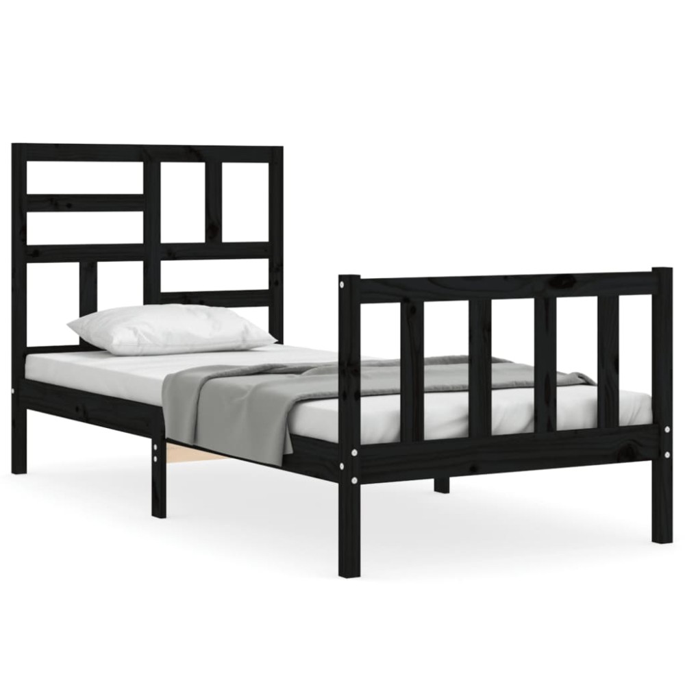 vidaXL Cadru de pat cu tăblie Small Single, negru, lemn masiv