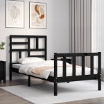 vidaXL Cadru de pat cu tăblie Small Single, negru, lemn masiv