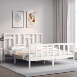vidaXL Cadru de pat cu tăblie, alb, king size, lemn masiv vidaXL Cadru de pat cu tăblie, alb, king size, lemn masiv