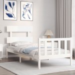 vidaXL Cadru de pat cu tăblie single, alb, lemn masiv vidaXL Cadru de pat cu tăblie single, alb, lemn masiv
