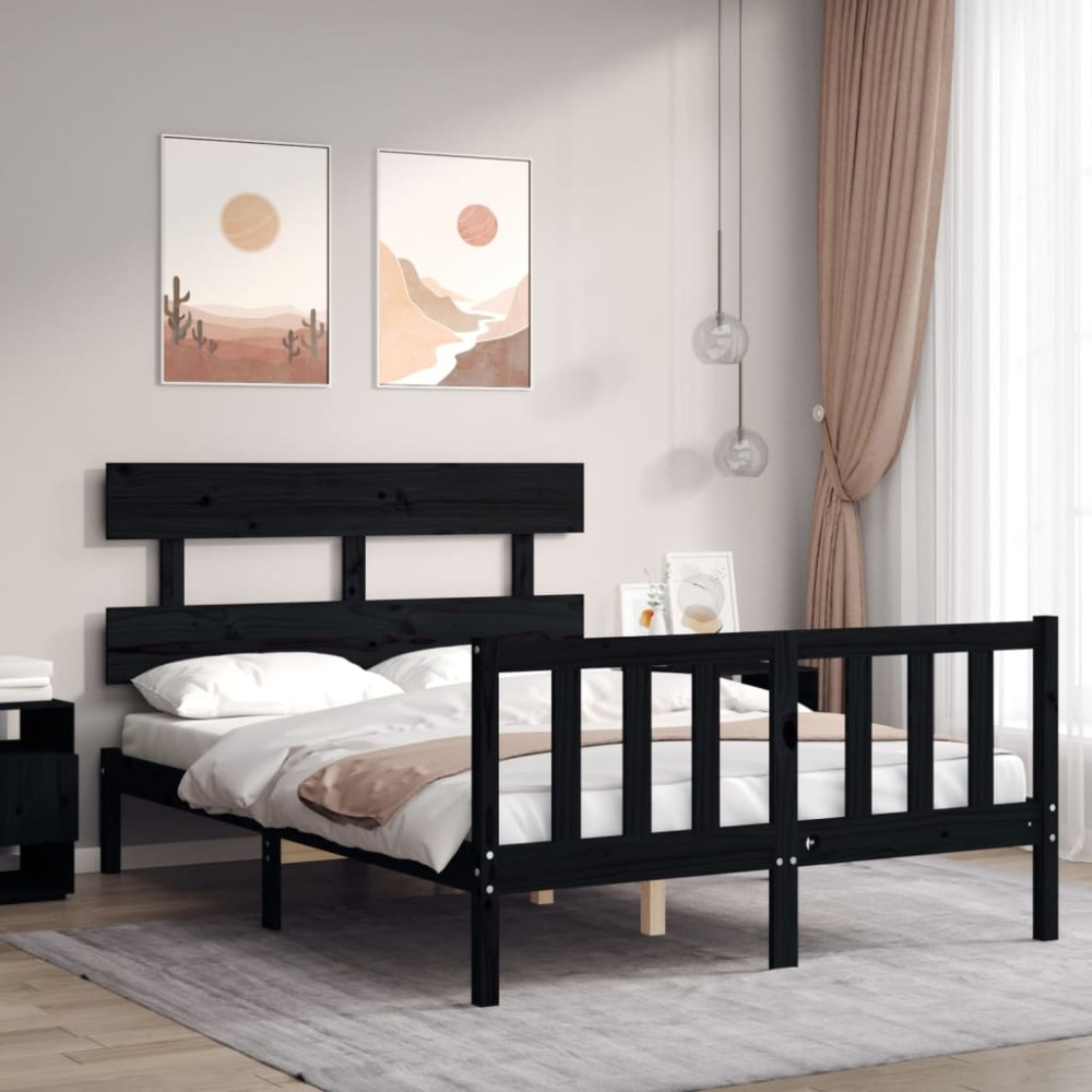 vidaXL Cadru de pat cu tăblie, negru, 140x190 cm, lemn masiv