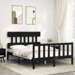 vidaXL Cadru de pat cu tăblie, negru, 140x190 cm, lemn masiv vidaXL Cadru de pat cu tăblie, negru, 140x190 cm, lemn masiv