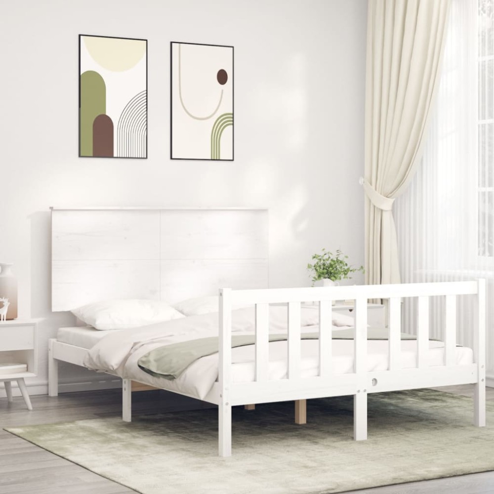 vidaXL Cadru de pat fără saltea, alb, 120x200 cm, lemn masiv pin