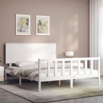 vidaXL Cadru de pat cu tăblie, alb, king size, lemn masiv vidaXL Cadru de pat cu tăblie, alb, king size, lemn masiv