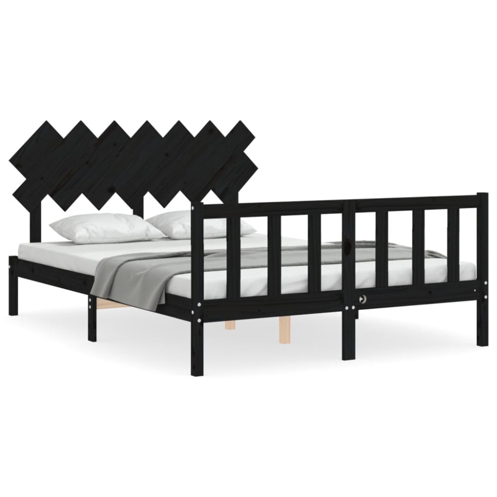 vidaXL Cadru de pat cu tăblie, negru, 140x190 cm, lemn masiv