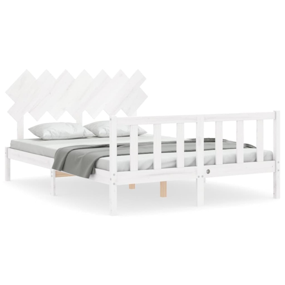 vidaXL Cadru de pat cu tăblie, alb, king size, lemn masiv