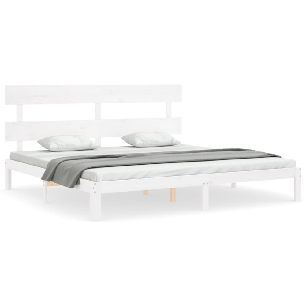 vidaXL Cadru de pat cu tăblie Super King Size, alb, lemn masiv