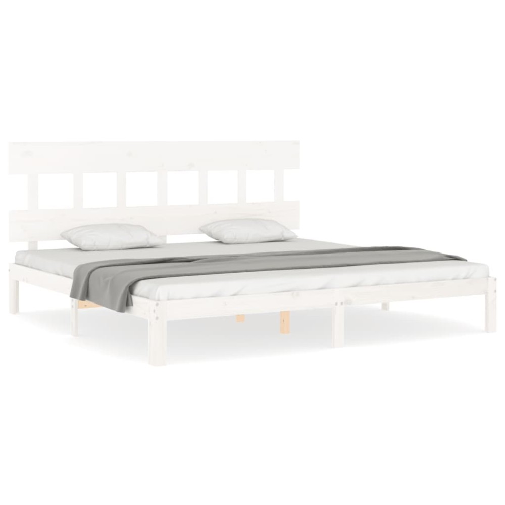 vidaXL Cadru de pat cu tăblie Super King Size, alb, lemn masiv