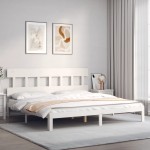 vidaXL Cadru de pat cu tăblie Super King Size, alb, lemn masiv