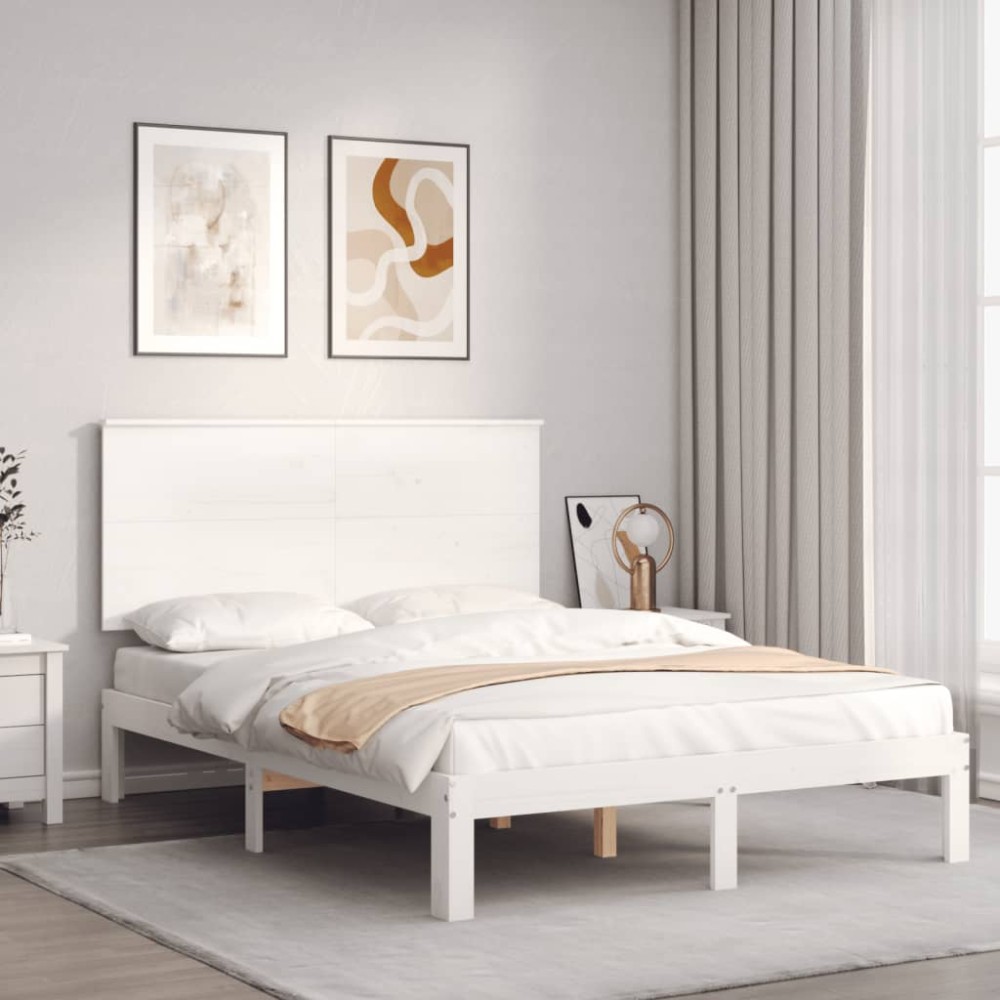 vidaXL Cadru de pat fără saltea, alb, 140x190 cm, lemn masiv de pin