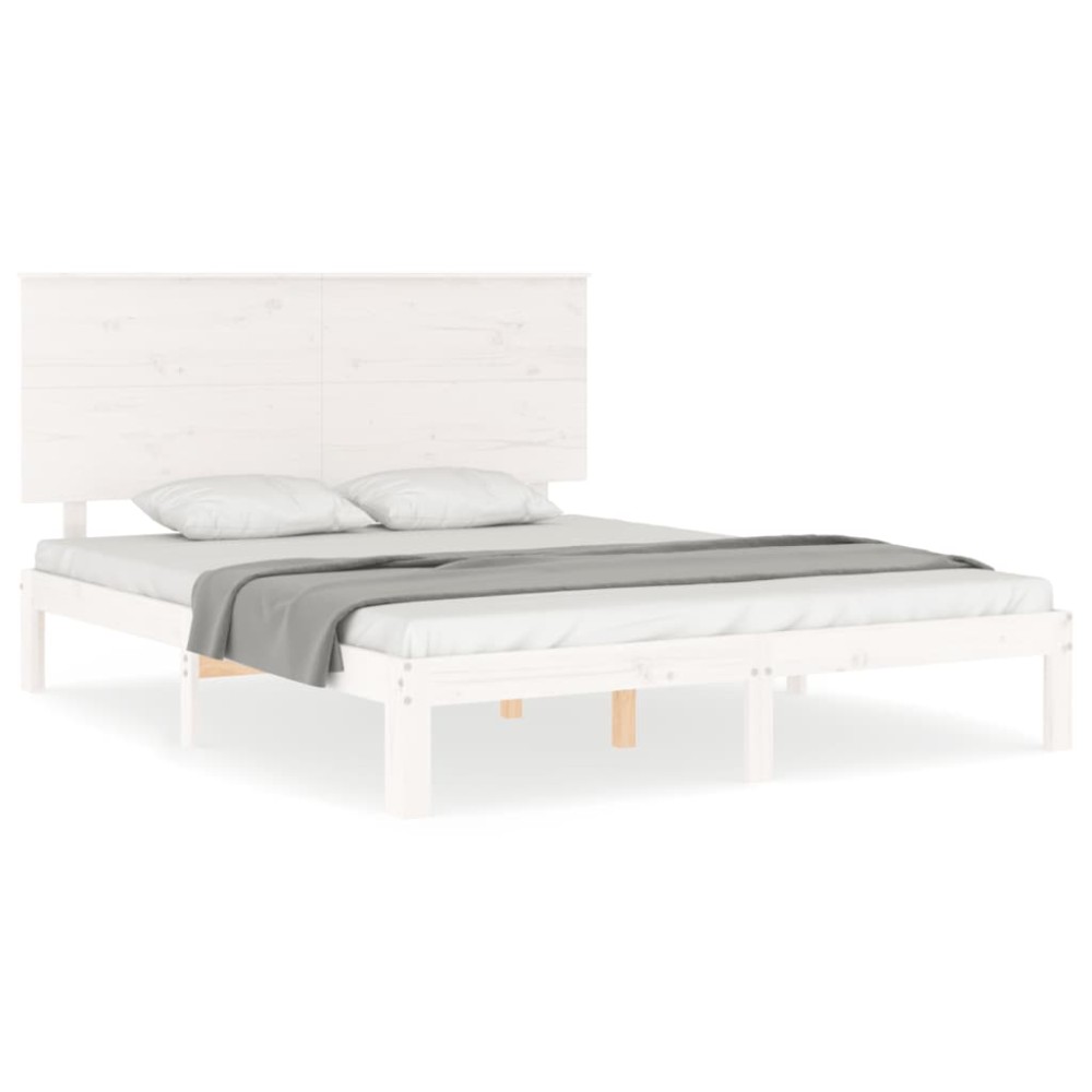vidaXL Cadru de pat cu tăblie, alb, king size, lemn masiv