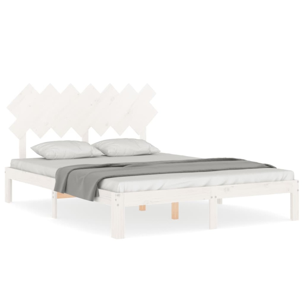 vidaXL Cadru de pat cu tăblie, alb, king size, lemn masiv