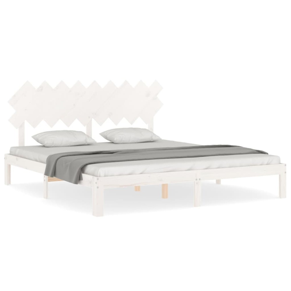 vidaXL Cadru de pat cu tăblie Super King Size, alb, lemn masiv