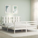 vidaXL Cadru de pat cu tăblie, alb, king size, lemn masiv vidaXL Cadru de pat cu tăblie, alb, king size, lemn masiv
