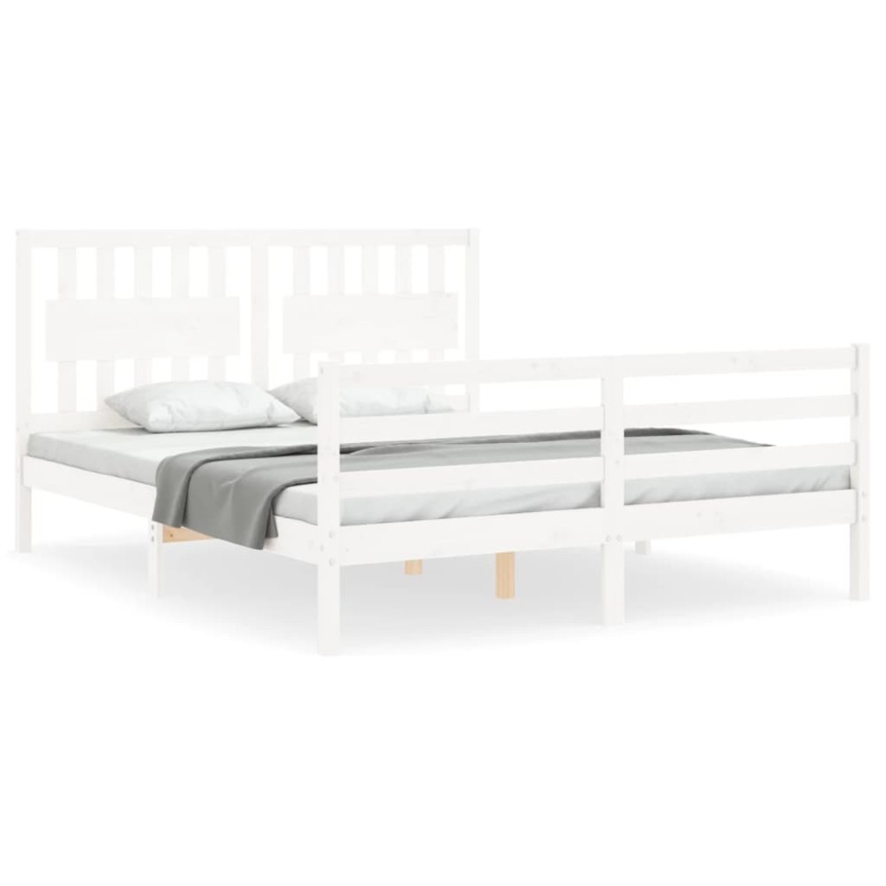 vidaXL Cadru de pat cu tăblie, alb, king size, lemn masiv