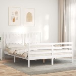vidaXL Cadru de pat cu tăblie, alb, king size, lemn masiv vidaXL Cadru de pat cu tăblie, alb, king size, lemn masiv