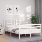 vidaXL Cadru de pat cu tăblie, 140x190 cm, alb, lemn masiv vidaXL Cadru de pat cu tăblie, 140x190 cm, alb, lemn masiv