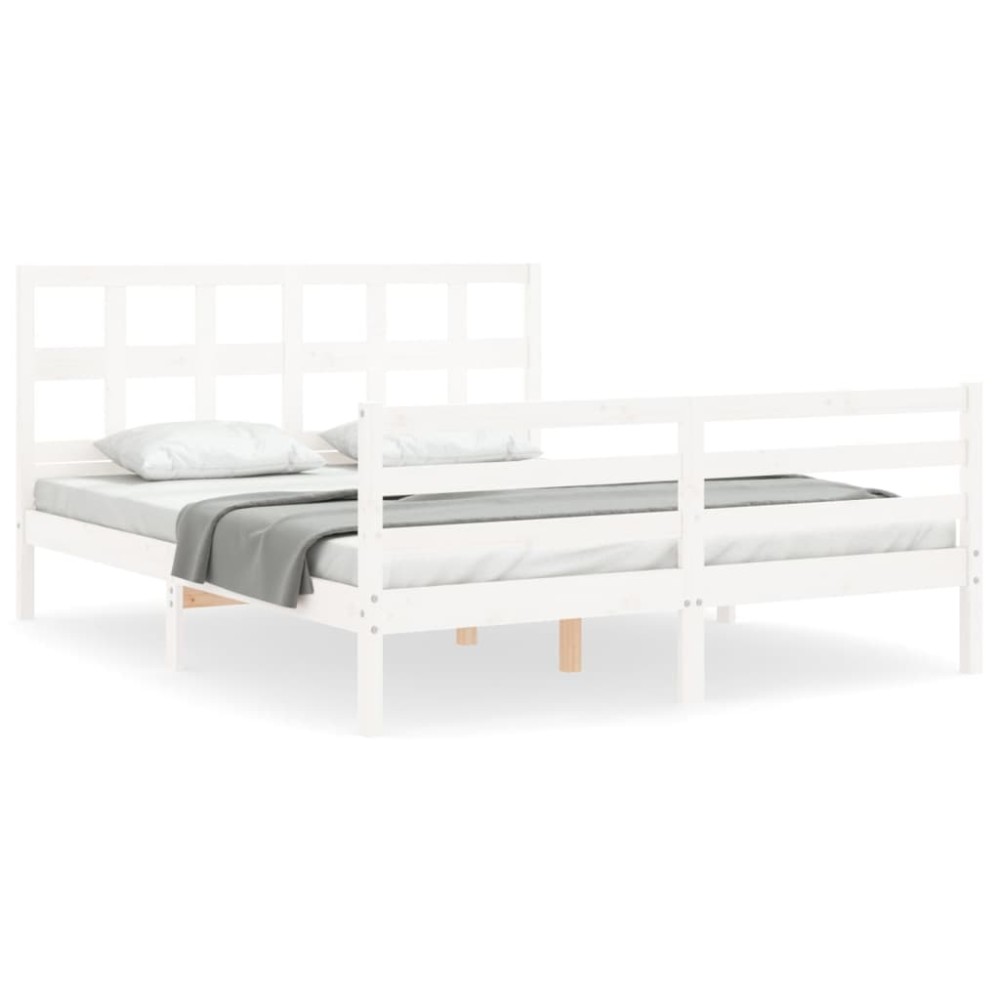 vidaXL Cadru de pat cu tăblie, alb, king size, lemn masiv