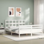 vidaXL Cadru de pat cu tăblie, alb, king size, lemn masiv vidaXL Cadru de pat cu tăblie, alb, king size, lemn masiv