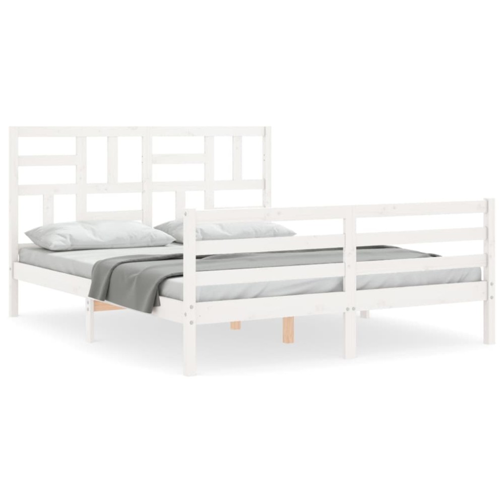 vidaXL Cadru de pat cu tăblie, alb, king size, lemn masiv