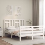 vidaXL Cadru de pat cu tăblie, 140x190 cm, alb, lemn masiv vidaXL Cadru de pat cu tăblie, 140x190 cm, alb, lemn masiv