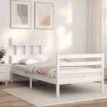 vidaXL Cadru de pat cu tăblie single, alb, lemn masiv